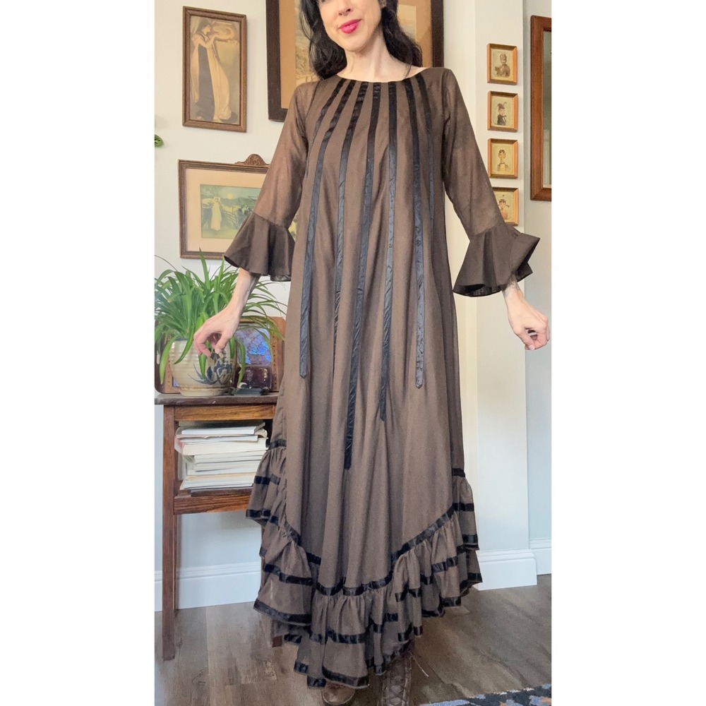 Vintage Handmade Brown Ruffle Maxi Dress Black Ribbon Trim High Low Boho Goth
